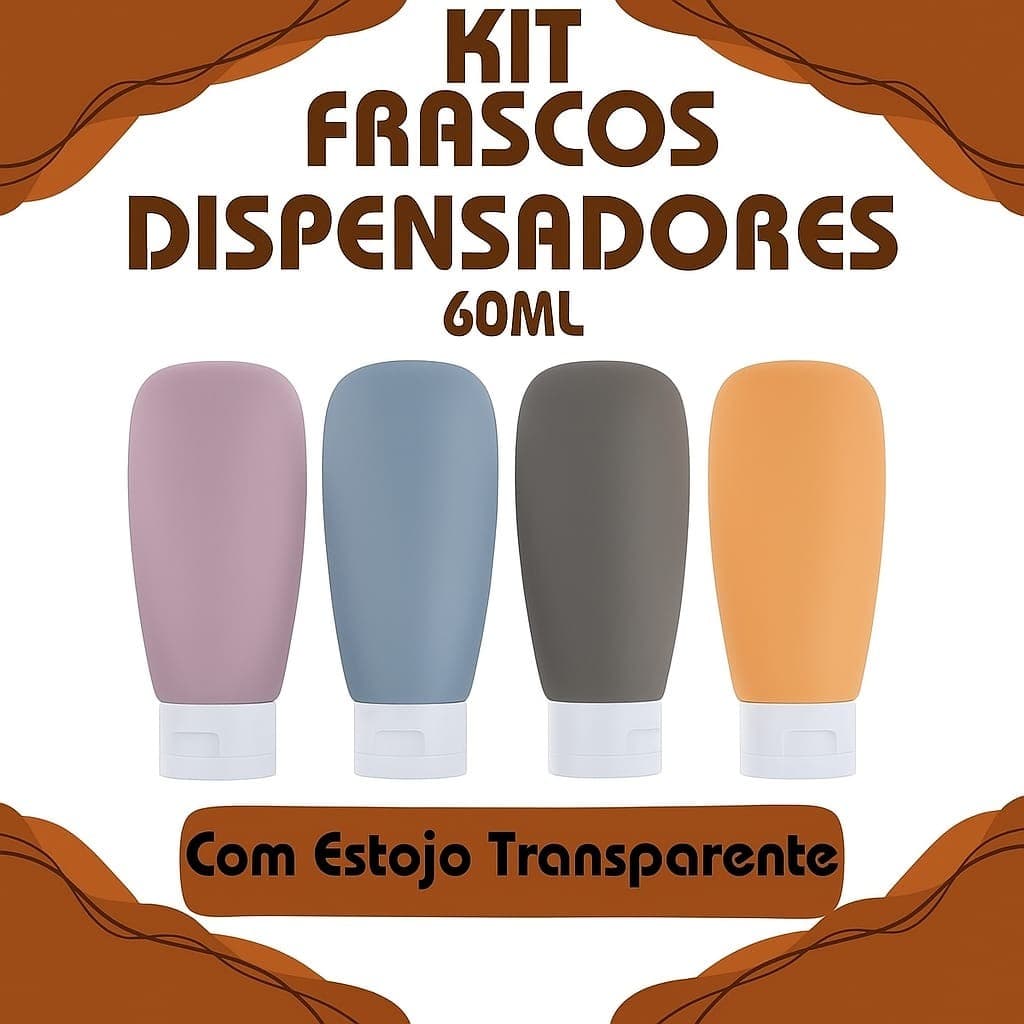 Kit 4 ou 3 Frascos 60ML Plástico Com Estojo Transparente Útil Para Viagens Dispensador