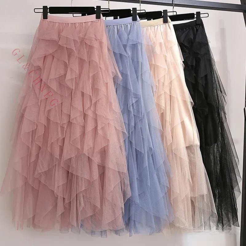 Saias De Bolo De Verão Em Tule De Primavera Malha Pregueada Longa Irregular Maxi De Mulher