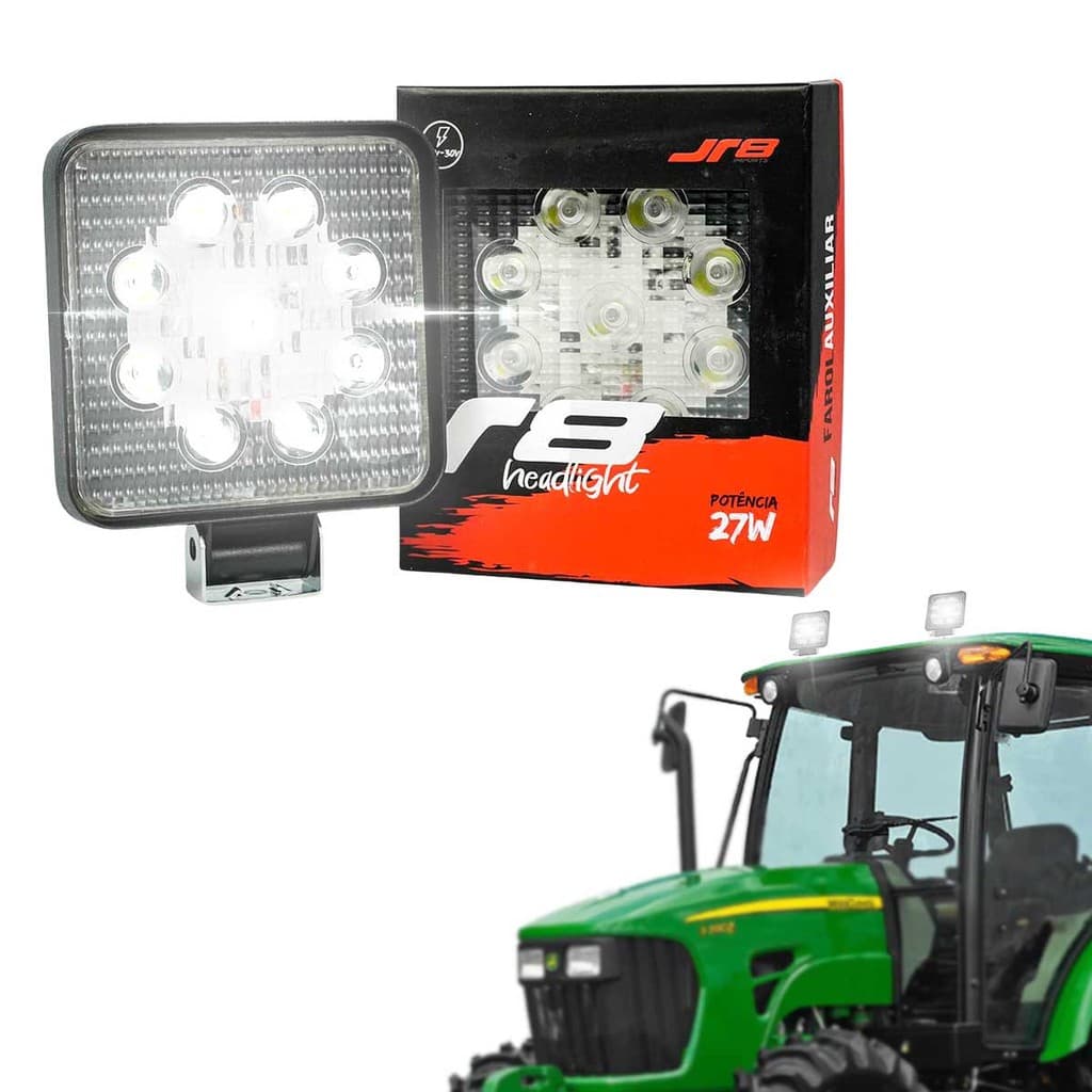 Farol Auxiliar Com 9 LEDs Quadrado 27W Universal 12V e 24V