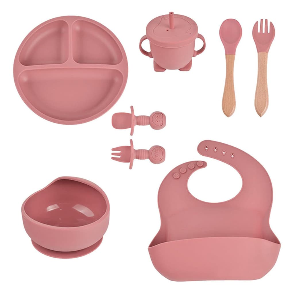 Kit Prato Infantil Silicone com Copo Talher e Babador Vinho