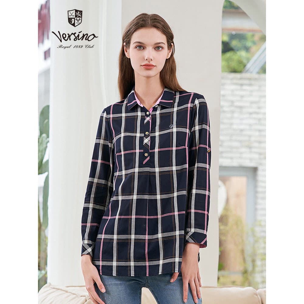 Versino versão primavera novo estilo xadrez camisa de manga comprida moda feminina All-Match Commuter camisa feminina