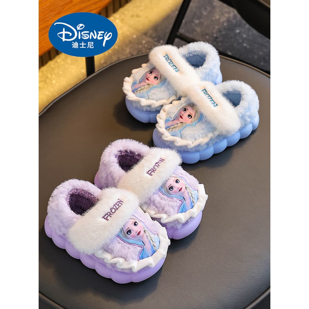 Chinelos de algodão infantis de inverno da Disney para meninas antiderrapantes para ambientes internos e quentes de lã-F