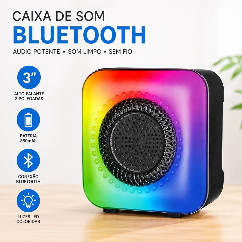 Caixa de Som Bluetooth 3 Polegadas GTS-1373 RGB LED Portátil USB TF FM Som Potente
