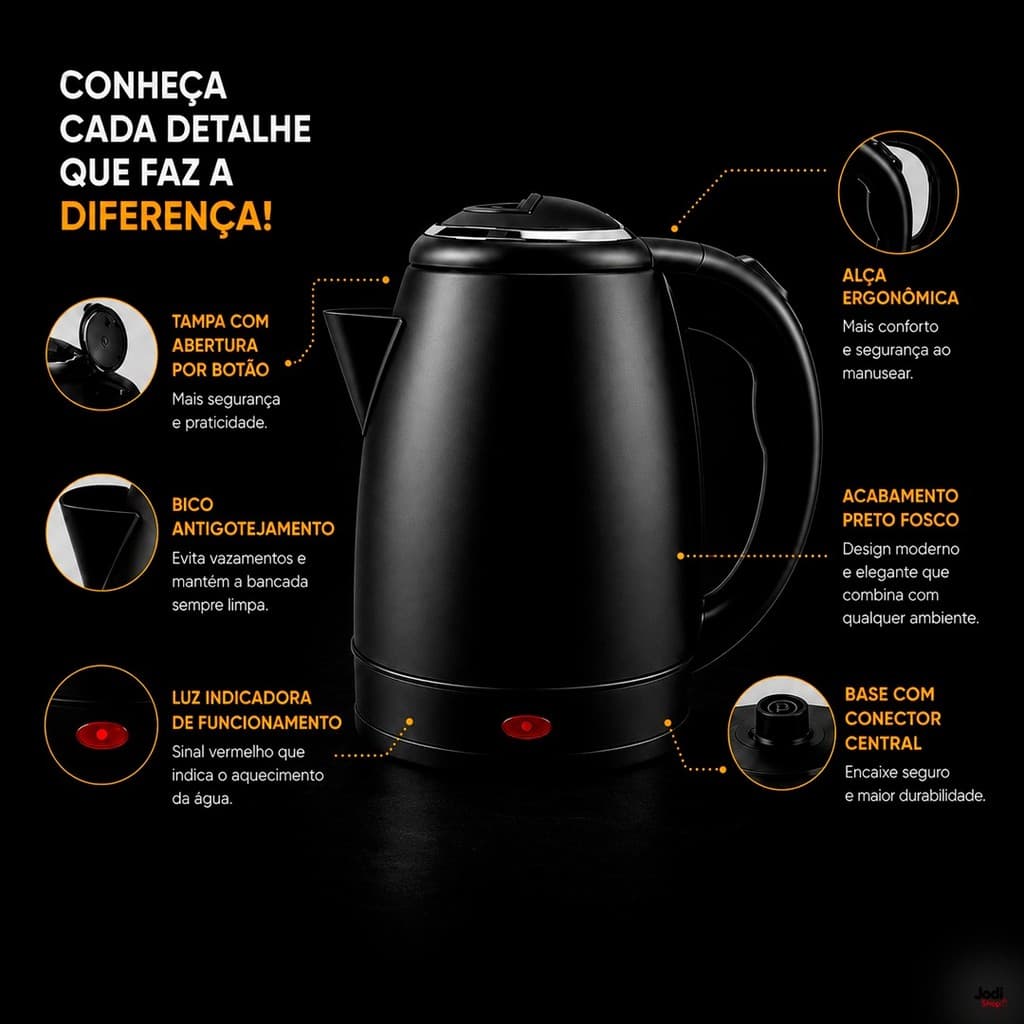 Chaleira Elétrica 1,8L Inox 304 Preta Fosca Para Café Chá e Chimarrão