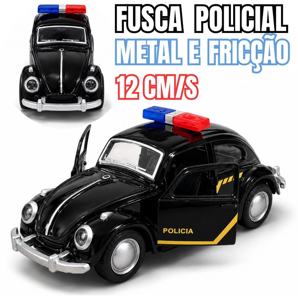 Fusca Policial 12cm Metal Fricção Miniatura Colecionável Com Portas Funcionais