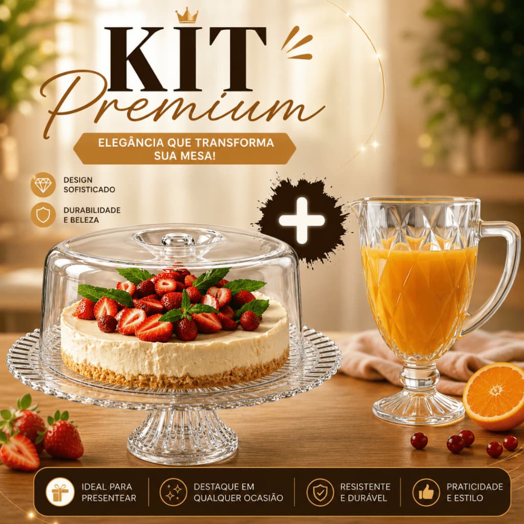 Kit Boleira de Vidro com Tampa Acrilica + Jarra Vidro Diamond para Mesa Posta Premium Presente