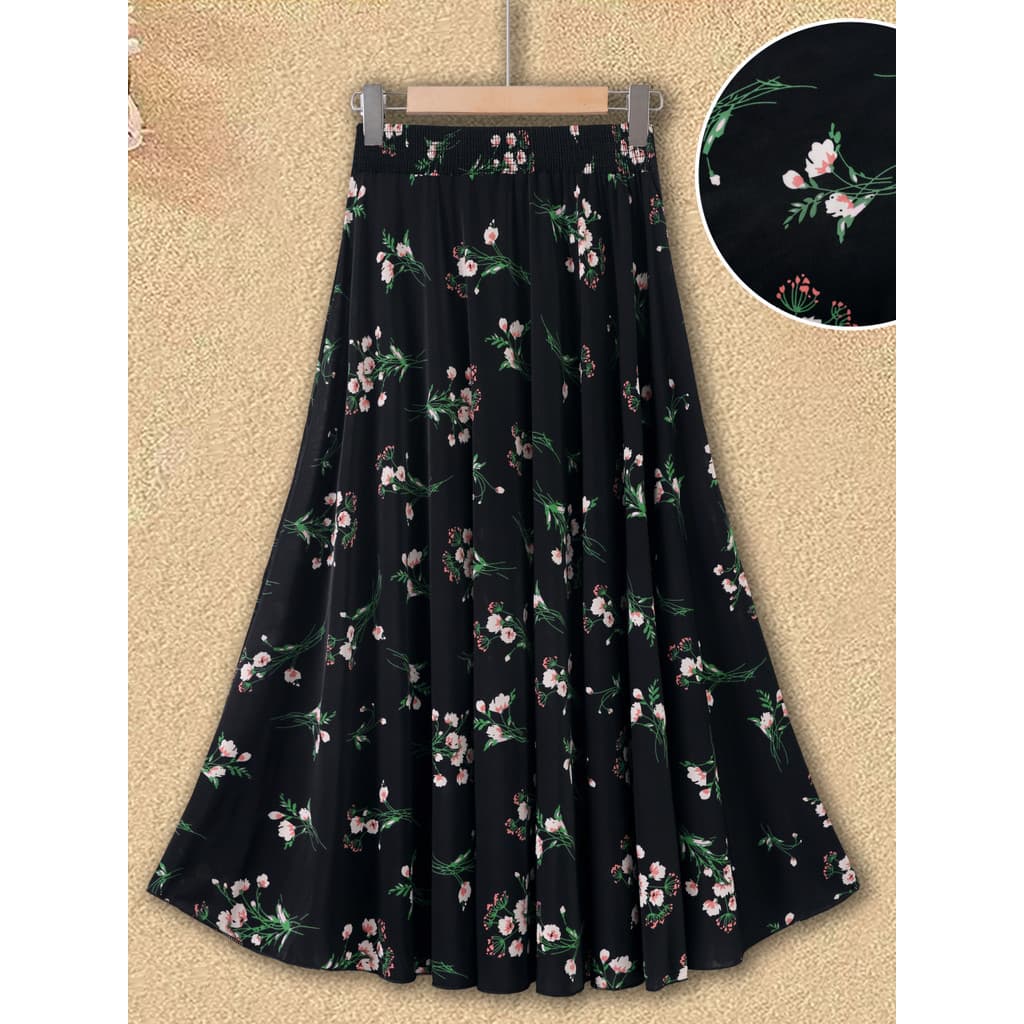 Mãe idosa de meia-idade novo estilo saia elástica cintura alta Floral saia longa verão comprimento médio Drape sentir bo