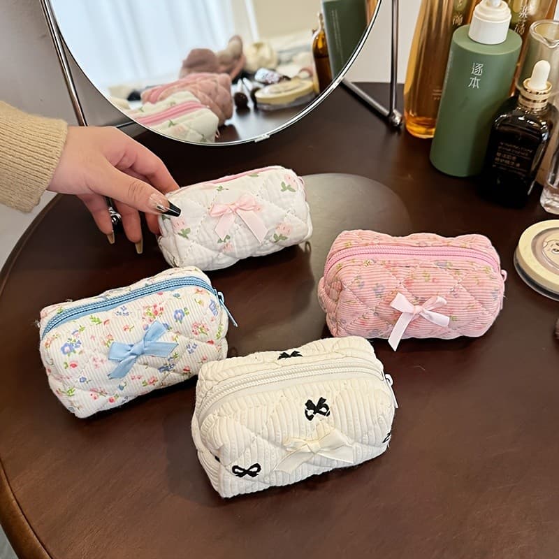 Bolsa de Maquiagem Mini com Laço Floral - Organizador de Cosméticos Leve em Nylon com Múltiplos Compartimentos, Bolsa de