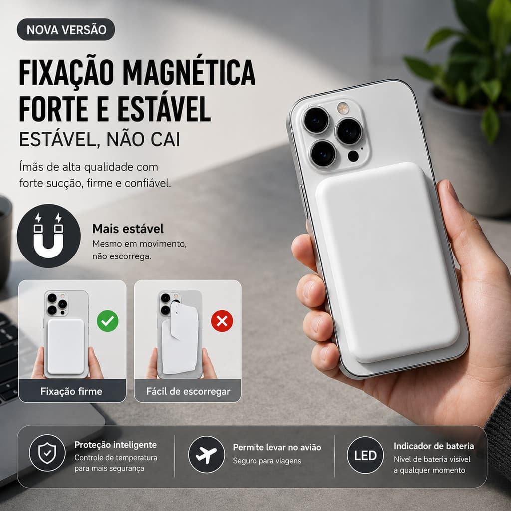 Power Bank Magnético 10000mAh Ultra Slim Carga 15W Fixação Forte para Viagens
