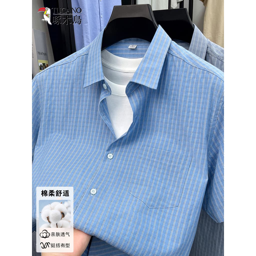 Woodpecker camisa de algodão masculina manga curta 2026 primavera verão novo estilo negócios Casual High-End bolso verif