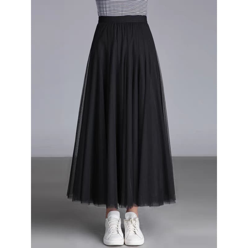 Saia de gaze preta de 720 graus feminina High-End drapeado grande balanço saia de gaze de três camadas saia de dança qua