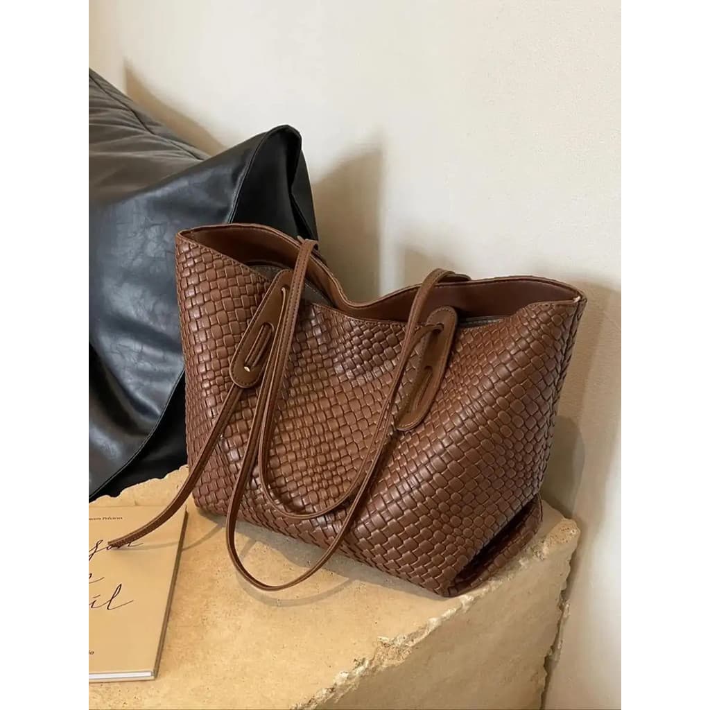 Bolsa Tote Feminina de Cor Sólida com Design Trançado, Bolsa de Ombro Grande e Elegante para o Dia a Dia, Tendência Casu