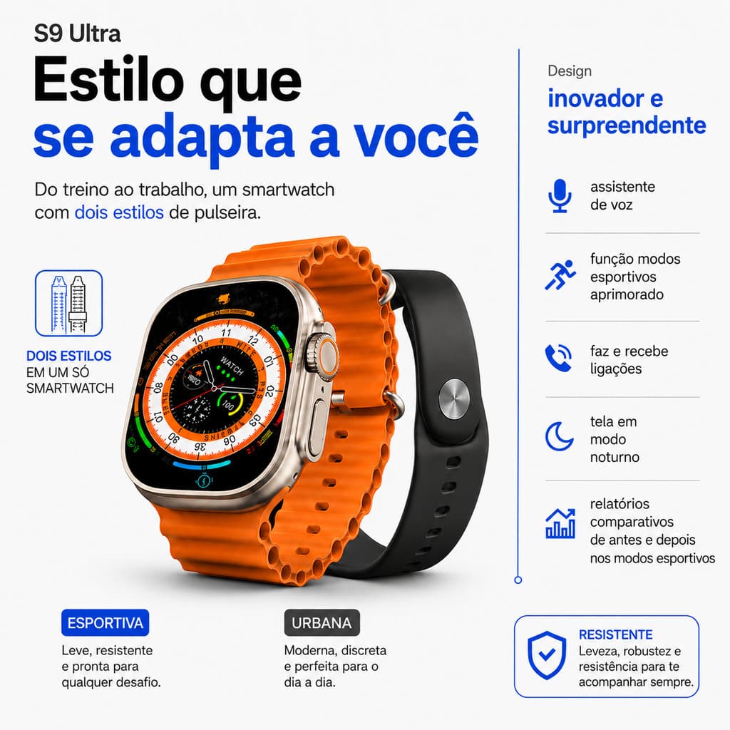 Smartwatch S9 Ultra Kit Completo com 2 Pulseiras, Relógio com Chamadas Bluetooth