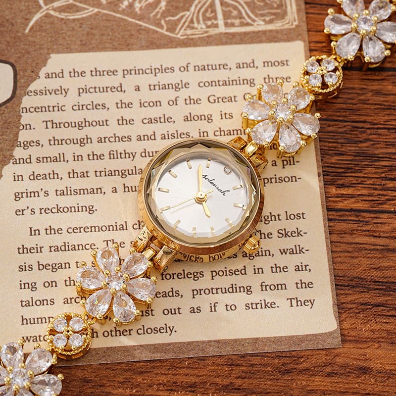 Relógio Decorativo Sakura Zircon, Relógio de Pulso Feminino, Relógio de Quartzo de Moda Leve e Luxuosa