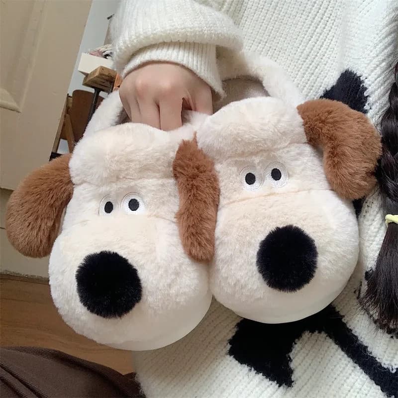 Mulheres Casa Sola Macia Chinelos De Algodão Dos Desenhos Animados Bonito Cão Fofo Feminino Inverno Slides Senhoras Pelú