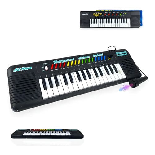 Piano Teclado Eletrônico Infantil 32 Teclas  Microfone Preto Pilha musical com som piano orgao infantil menino cantor