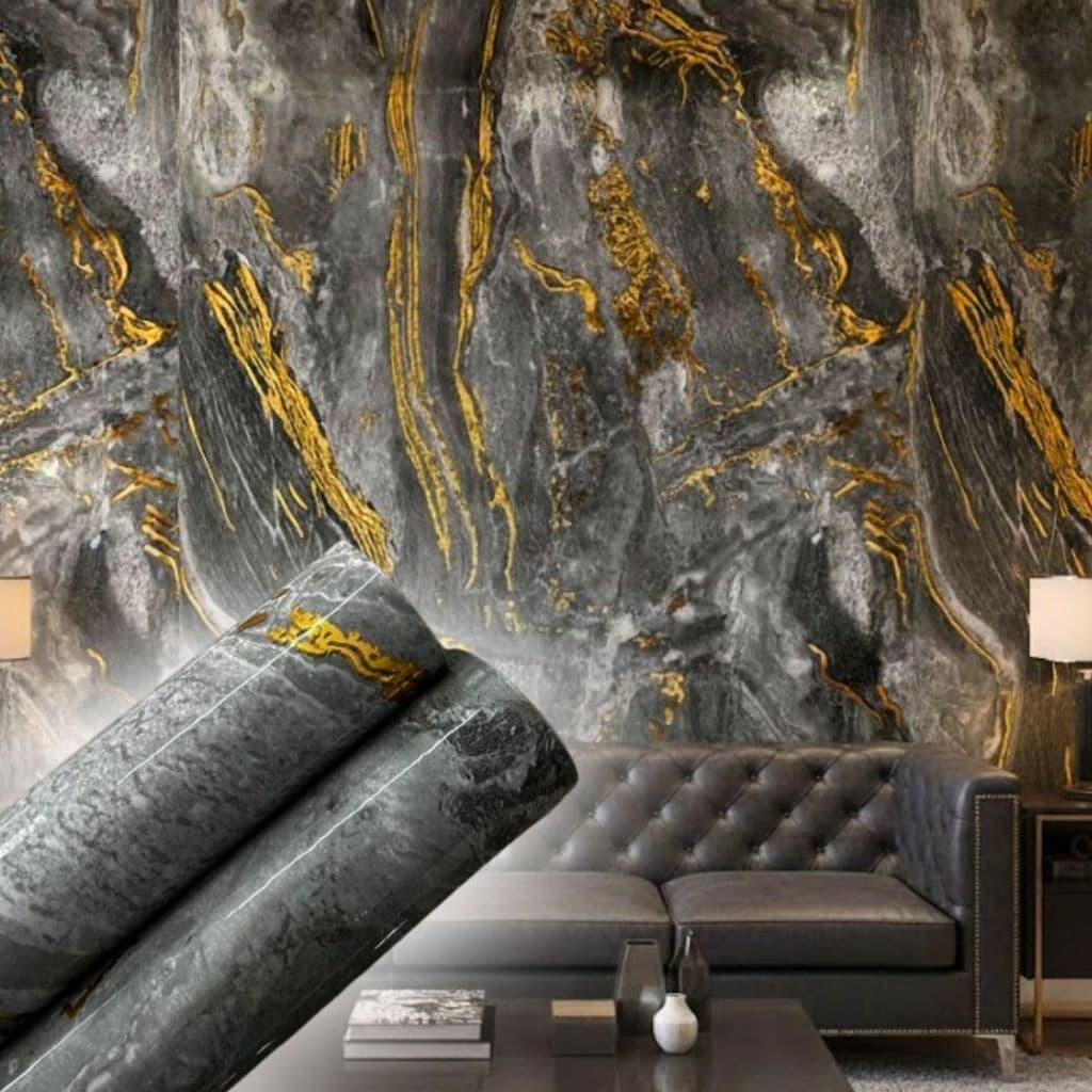 Papel de Parede Autocolante Mármore Cinza e Dourado Decoração Ambientes Modernos Sofisticados 5M