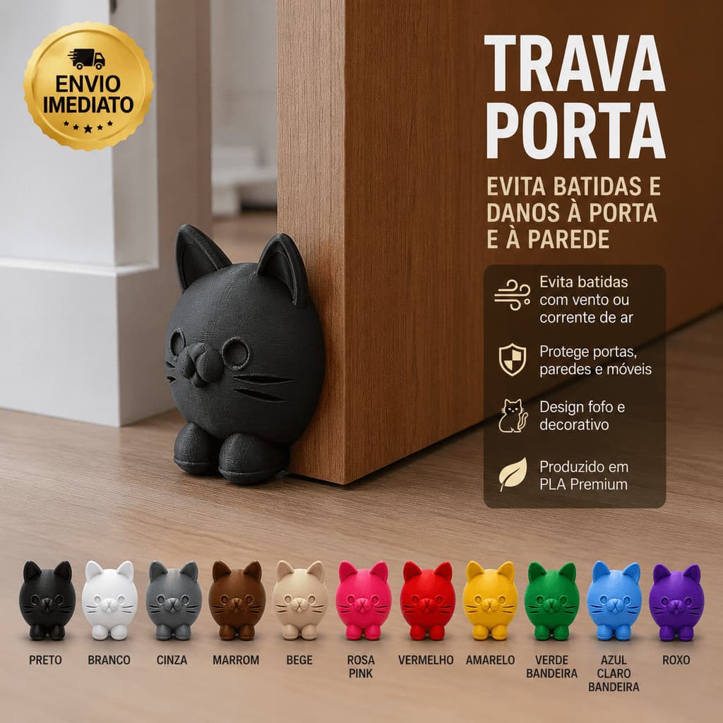 SuporteTrava Porta Gatinho Antibatida Decorativo | Evita Batidas | Diversas Cores | Envio Imediato