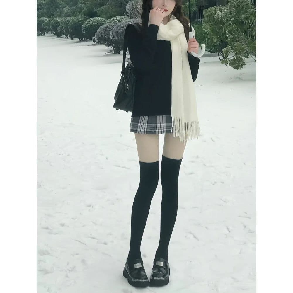 Veludo Micro-pressão primavera outono bezerro meias femininas jk meias preto japonês médio alto longo tubo antiderrapant