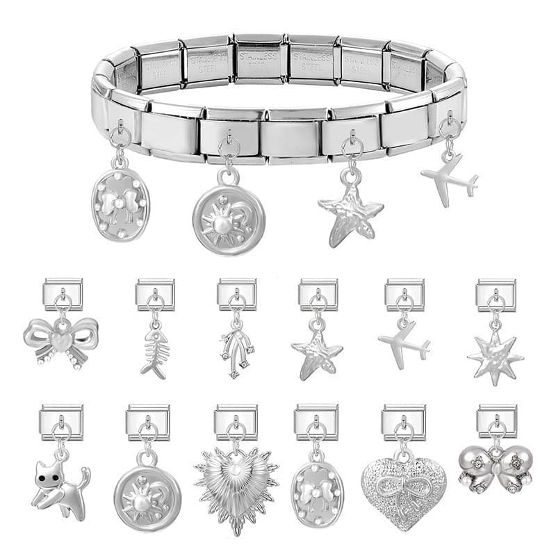 Pingente banhado a prata, adequado para pulseiras modulares italianas DIY, elo de corrente de aço de 9mm EPFF 5BWQ