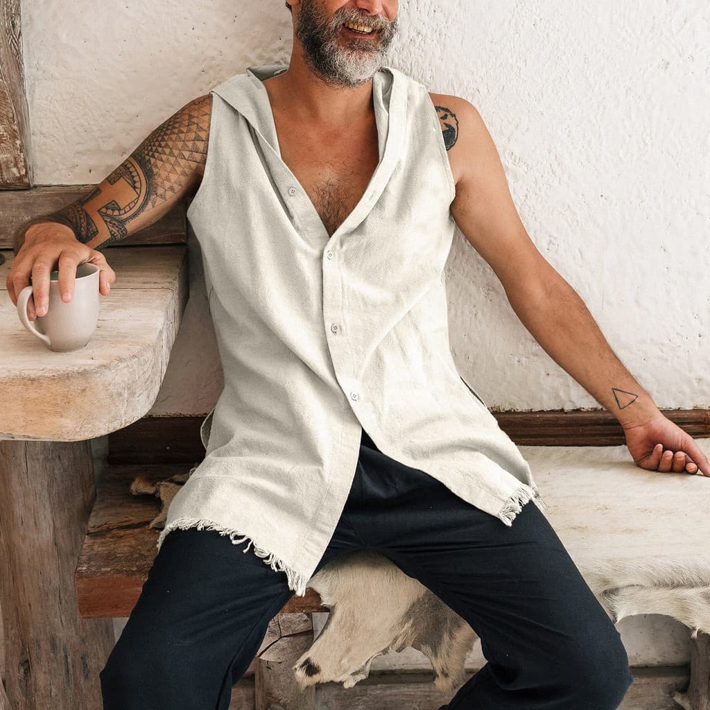 Masculino moletom com capuz2025 sem mangas colete com capuz masculino multicolorido algodão linho colete Casual camisa d