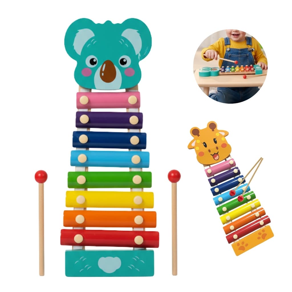 Xilofone Infantil Madeira Brinquedo Musical Com Animais Educativo Girafa Coala