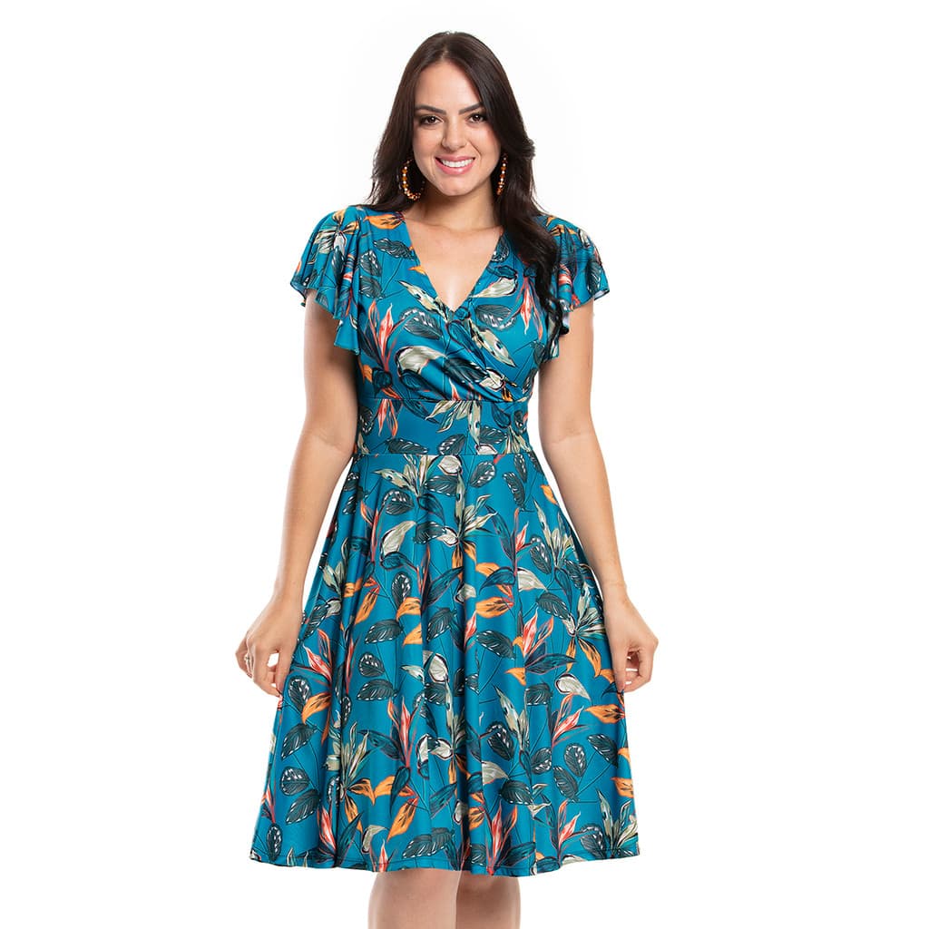 Vestido Midi Feminino Decote V Estampado Moda Casual Babado Manga