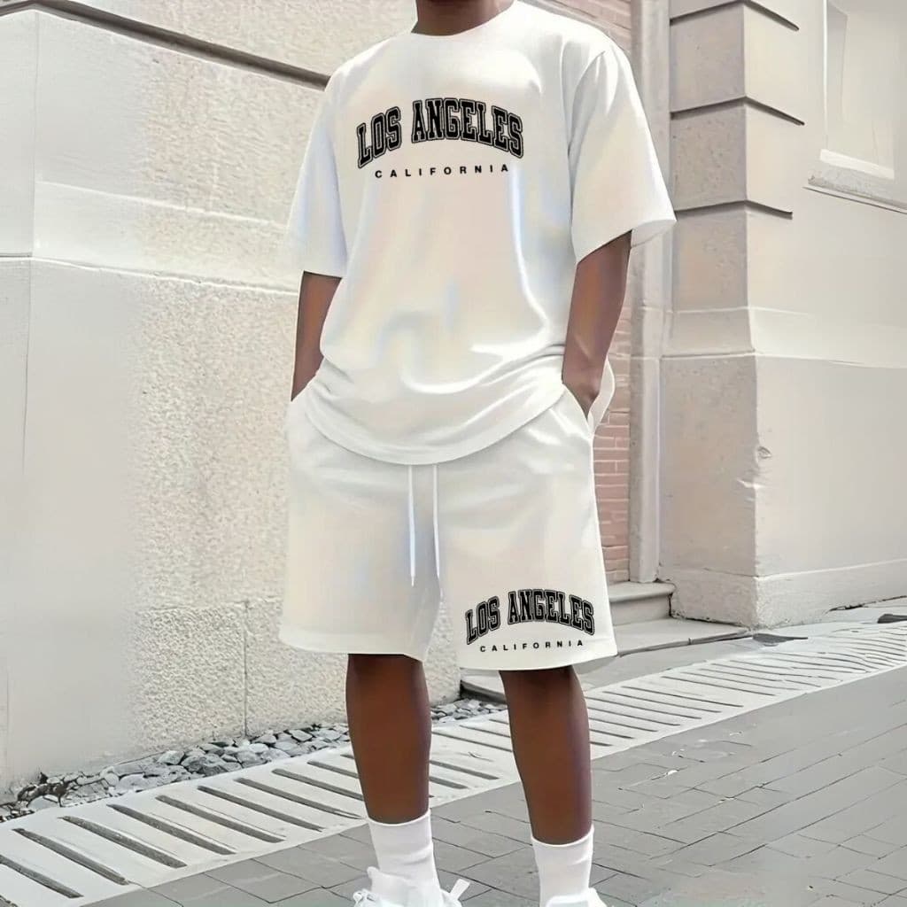 kit Conjunto Casual Masculino Camiseta Oversized E Bermuda tactel Los Angeles