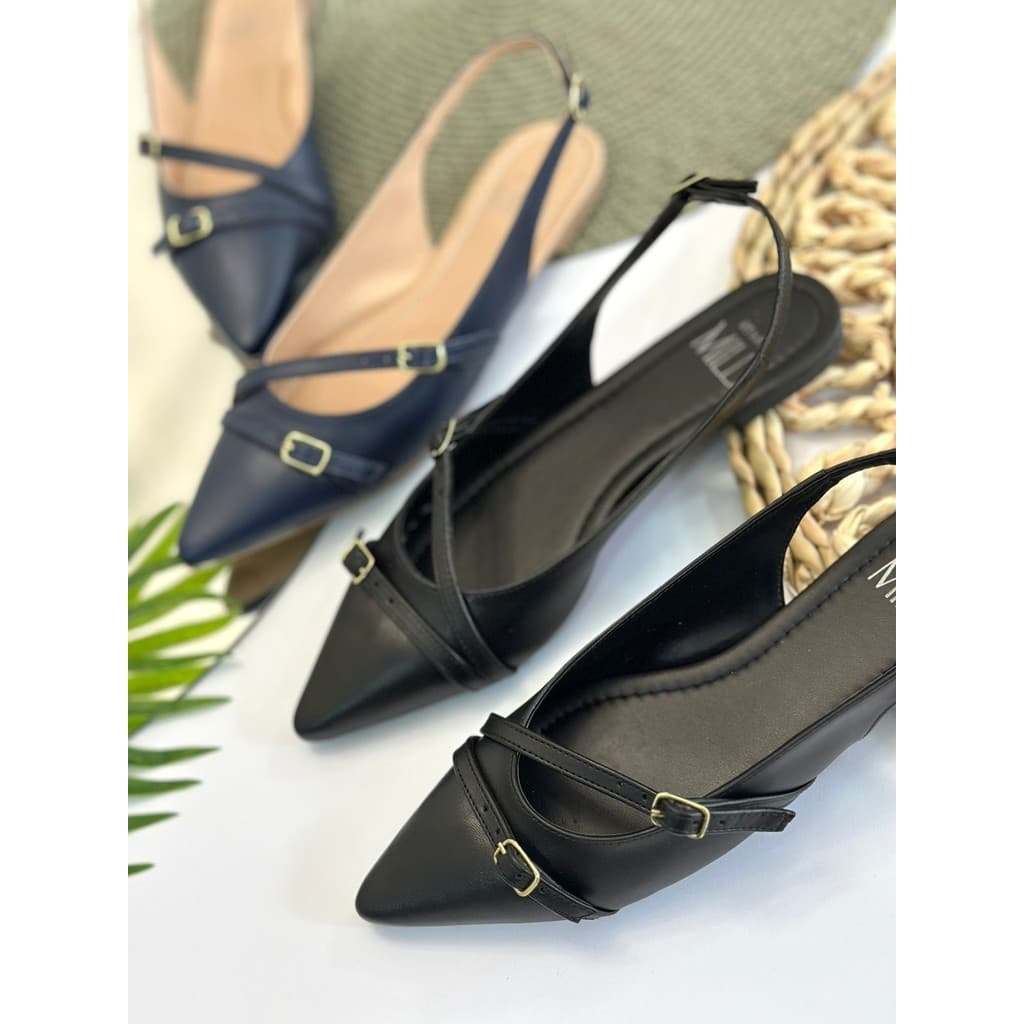 Sapatilha Feminina Slingback Milli Bico Fino Com Fivela Elegante Moderna