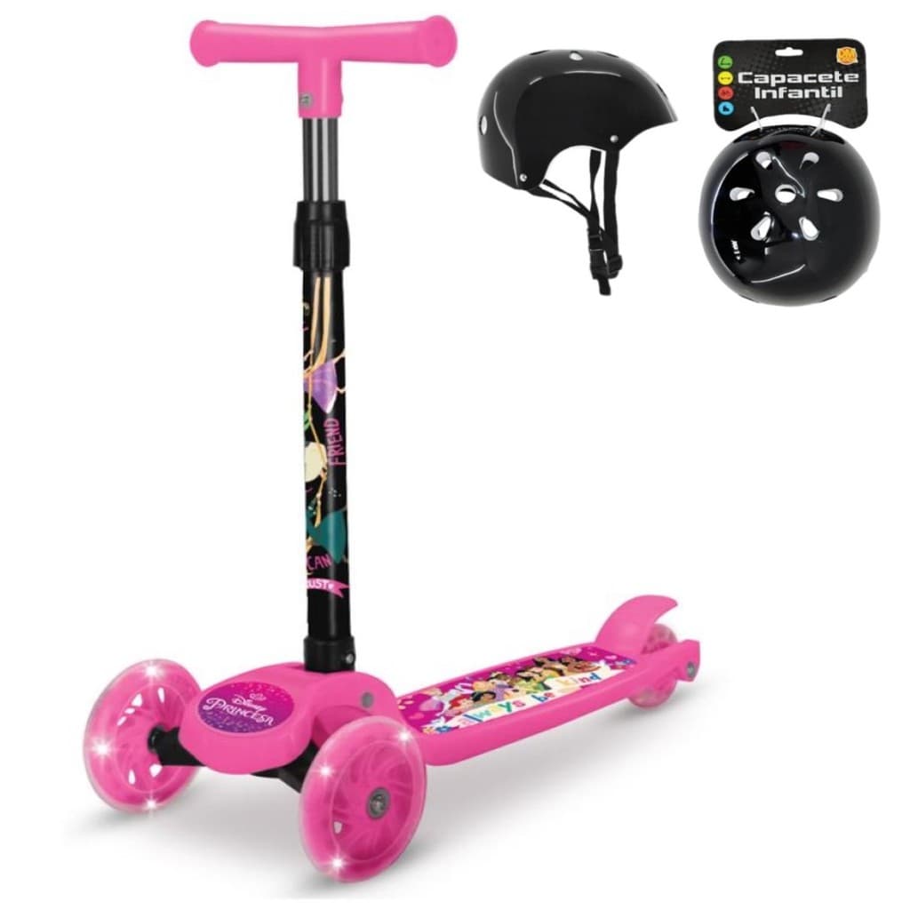 Patinete C/ Luz Princesas 3 Rodas Ajustável Menina +Capacete