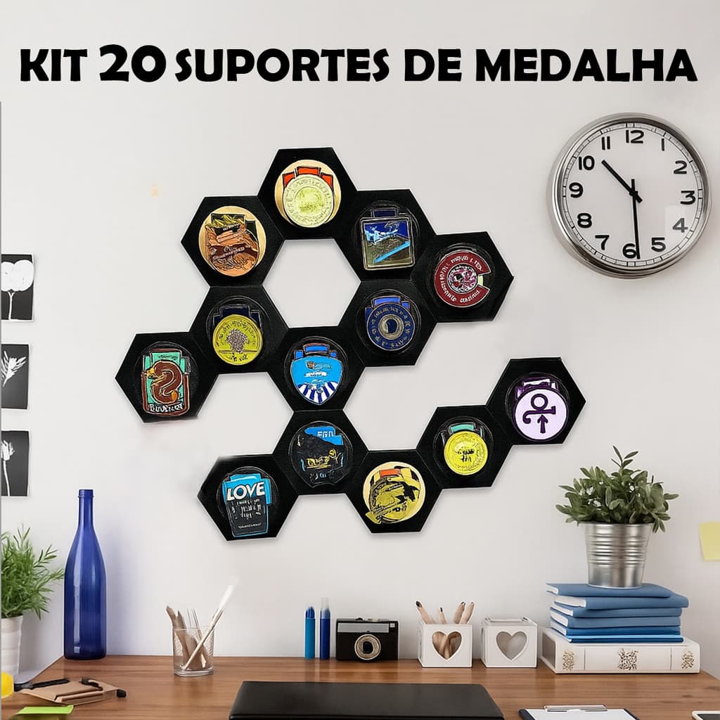 Suporte de medalha Hexagonal Para Decoração - Corrida, Triatlhon, Natação, Futebol