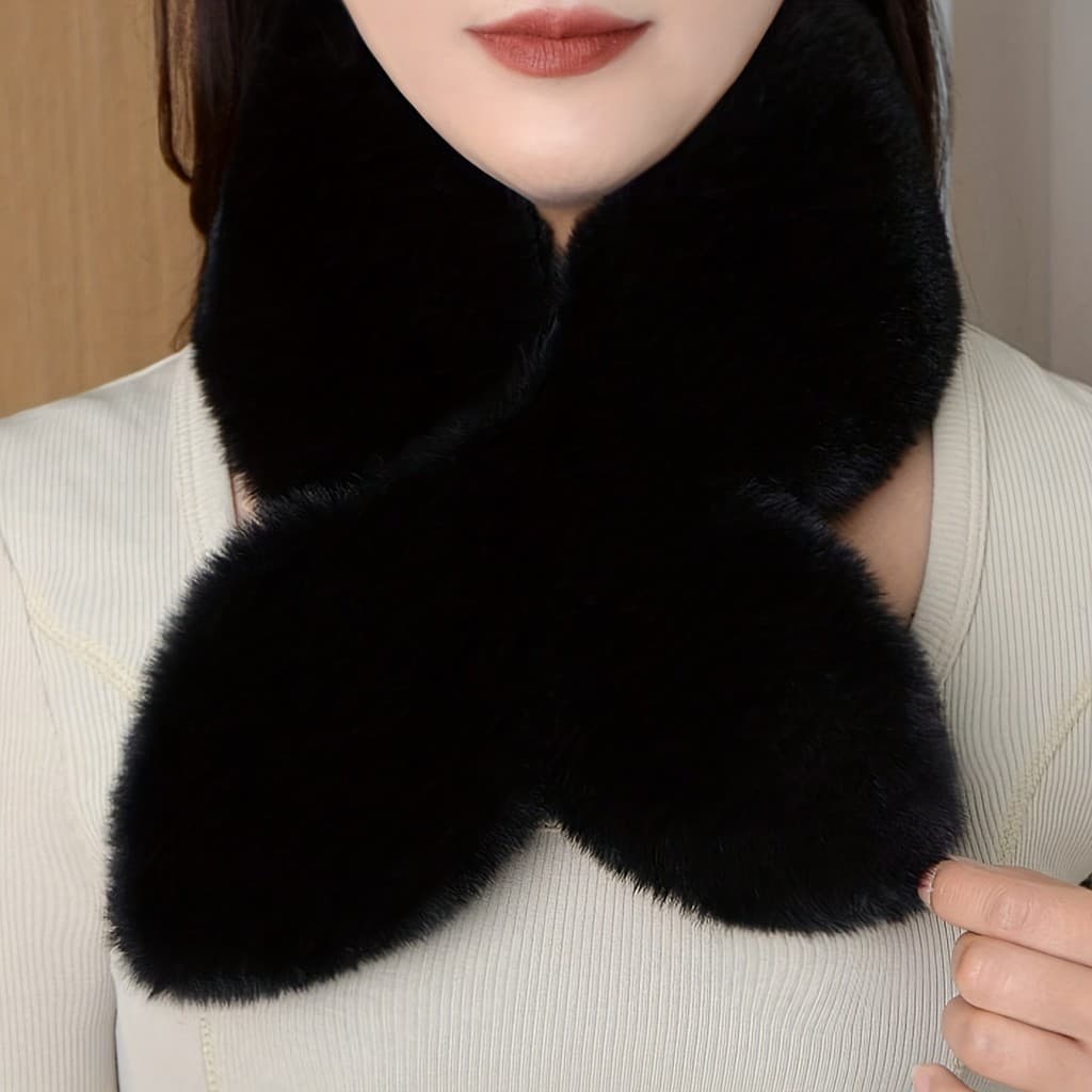 Cachecol Luxuoso com Gola de Pele Sintética - Aquecedor de Pescoço Preto de Pelúcia Macia, Design Elegante em Cruz para