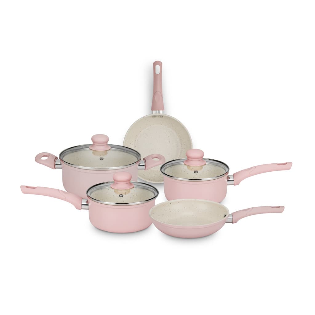 CONJUNTO DE PANELAS 5 PECAS SERENA ROSA COM TAMPA DE VIDRO E REVESTIMENTO ANTIADERENTE CERAMICO
