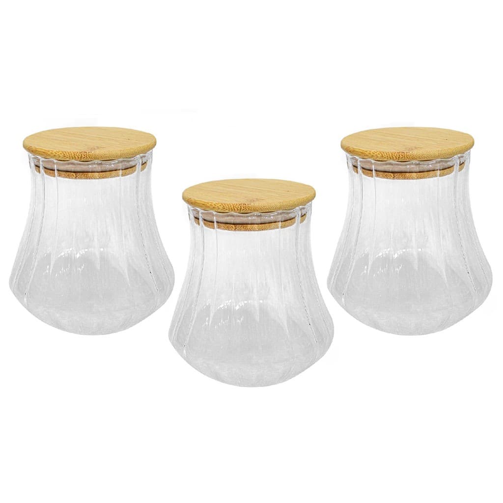 Kit 3 Pote de Vidro Canelado com Tampa de Bambu Hermético 700ml