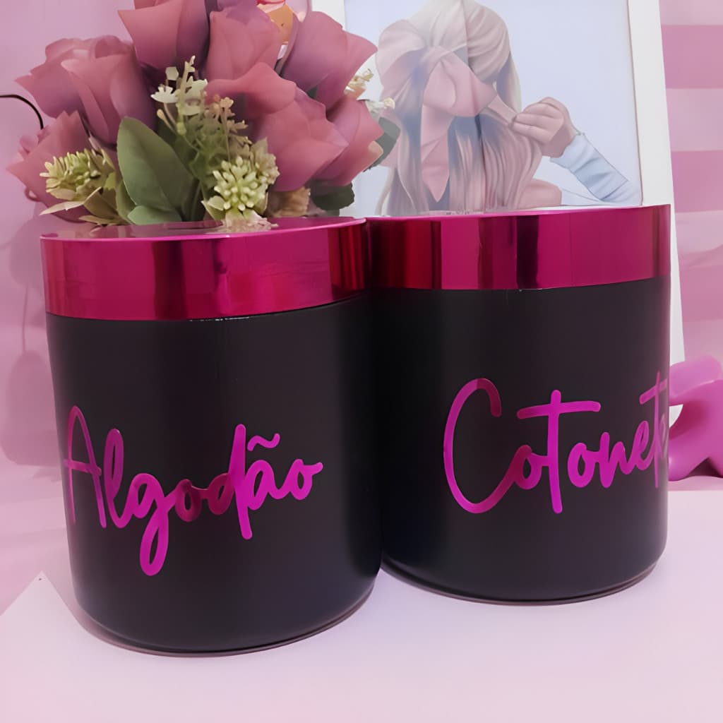 Portas Cotonete Algodão Preto Pink Organizador