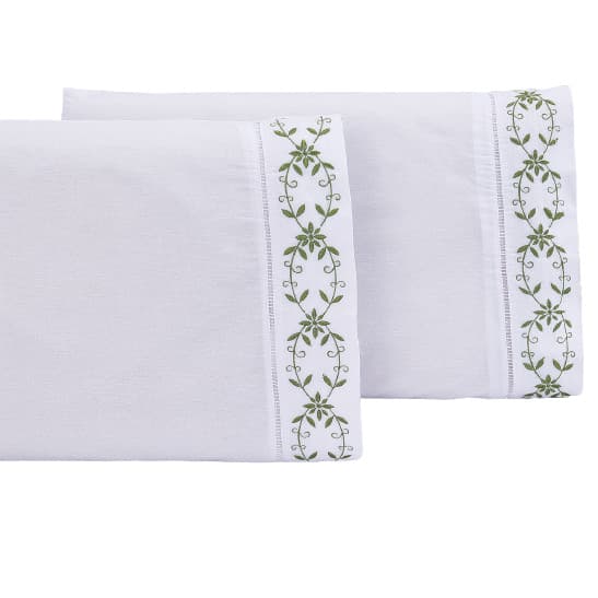 Jogo lençol Padrão casal bordado 3 peças branco Verde veneza