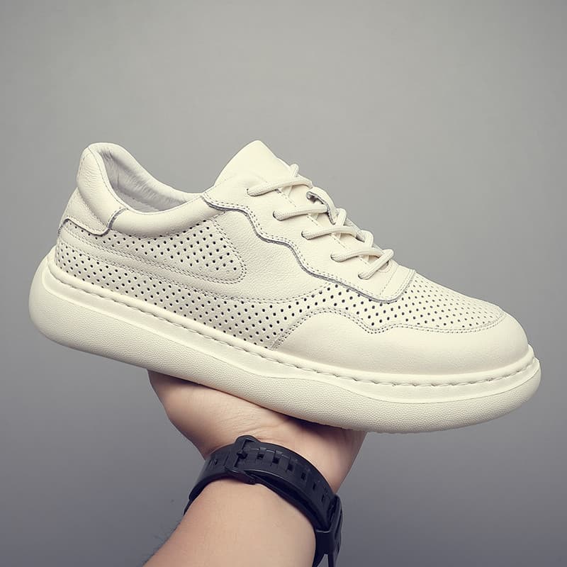 Verão camada superior de couro branco sapatos masculinos oco respirável couro genuíno perfurado tênis esportivos aumenta