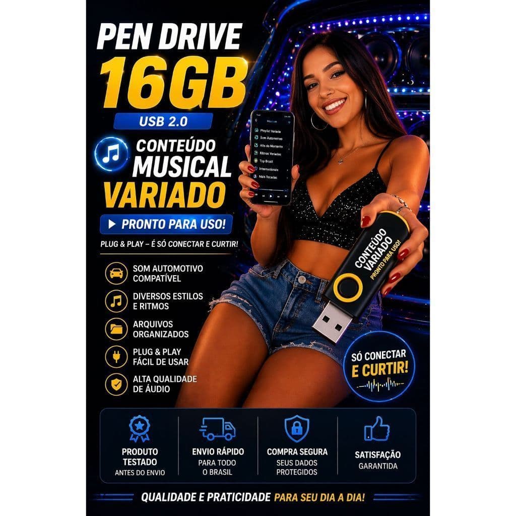 Pen Drive 16GB USB Gravado | Som Automotivo | Conteúdo Variado | Plug Play