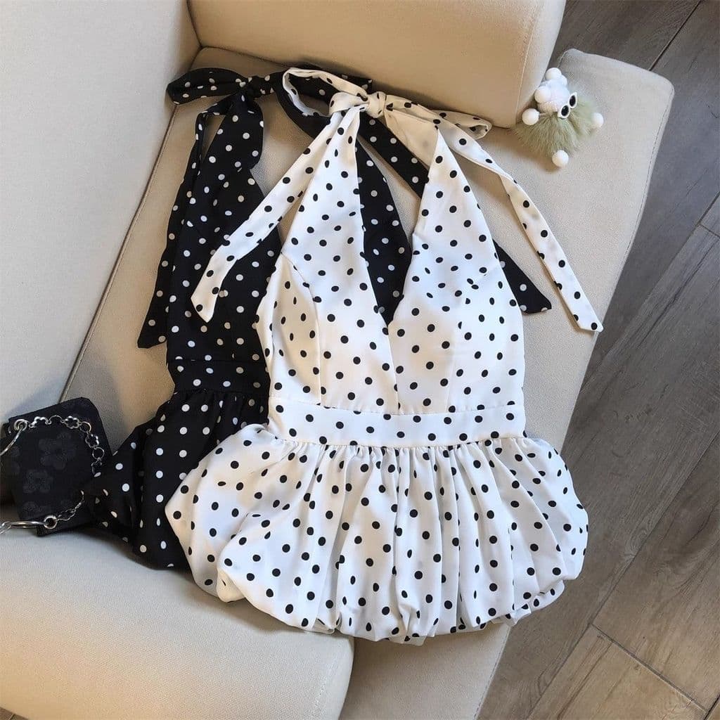 Colete de bolinhas estilo menina quente com decote em V e decote em V su Hot girl estilo halterneck com decote em V cole