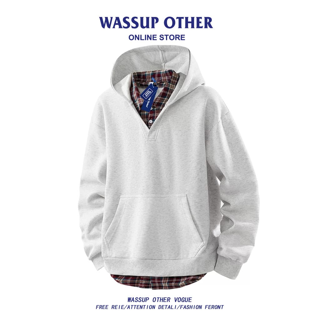 WASSUP OUTRO Americano Retro Xadrez Costura Moletom Com Capuz Masculino Primavera Outono Street Wear Solto Casal Top Mas