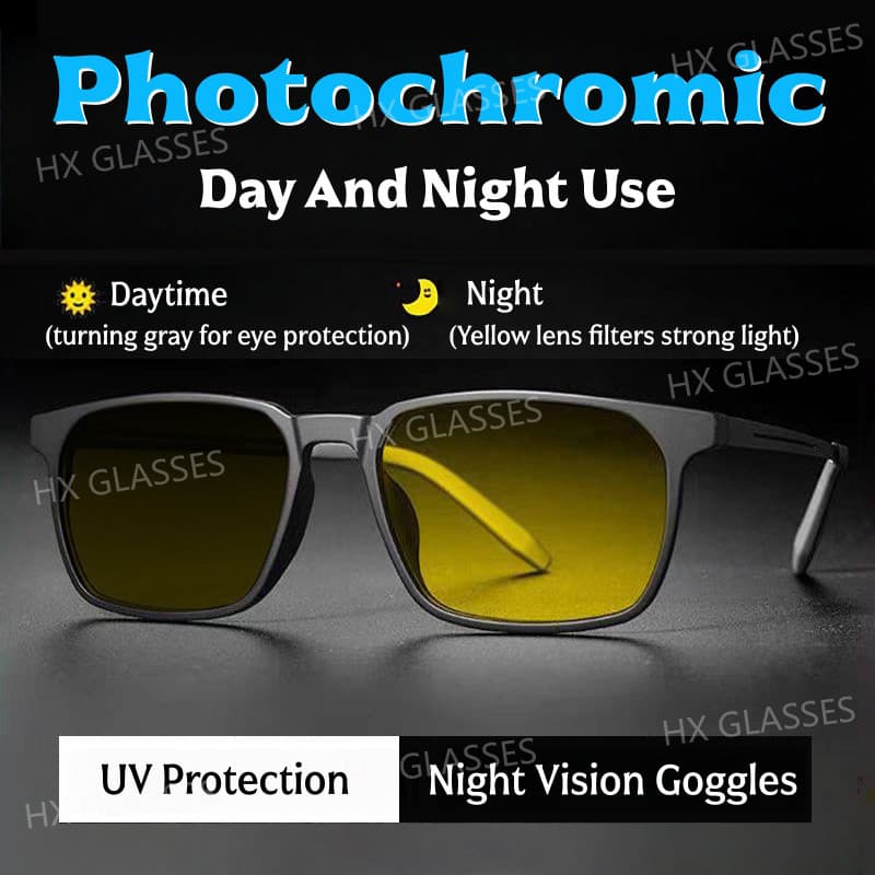 2 Em 1 Dia Noite Óculos De Condução Fotocromático Anti-Reflexo Visão Noturna UV400 Sol Para Homens Mulheres Retângulo Ao