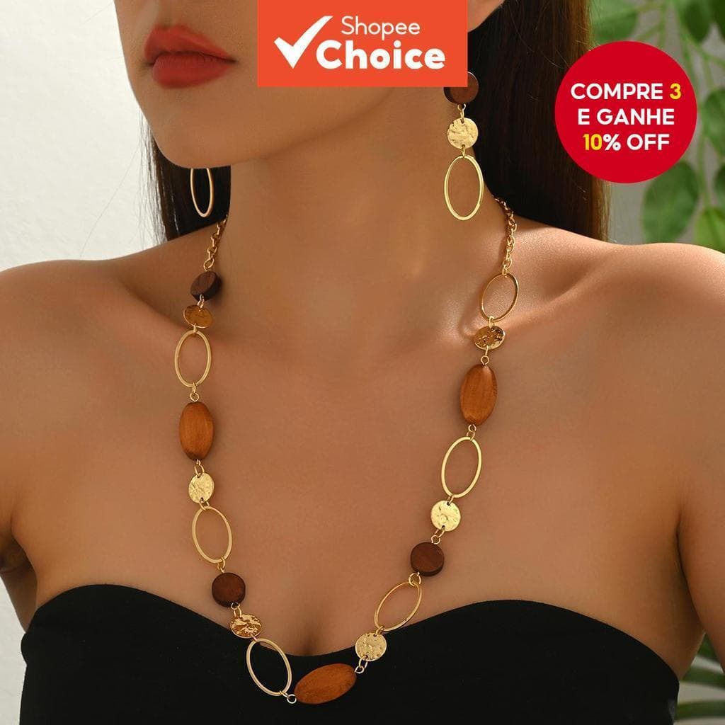 Um conjunto de colar e brincos compridos com argolas vazadas e contas de madeira estilo retrô Melard, elegante corrente