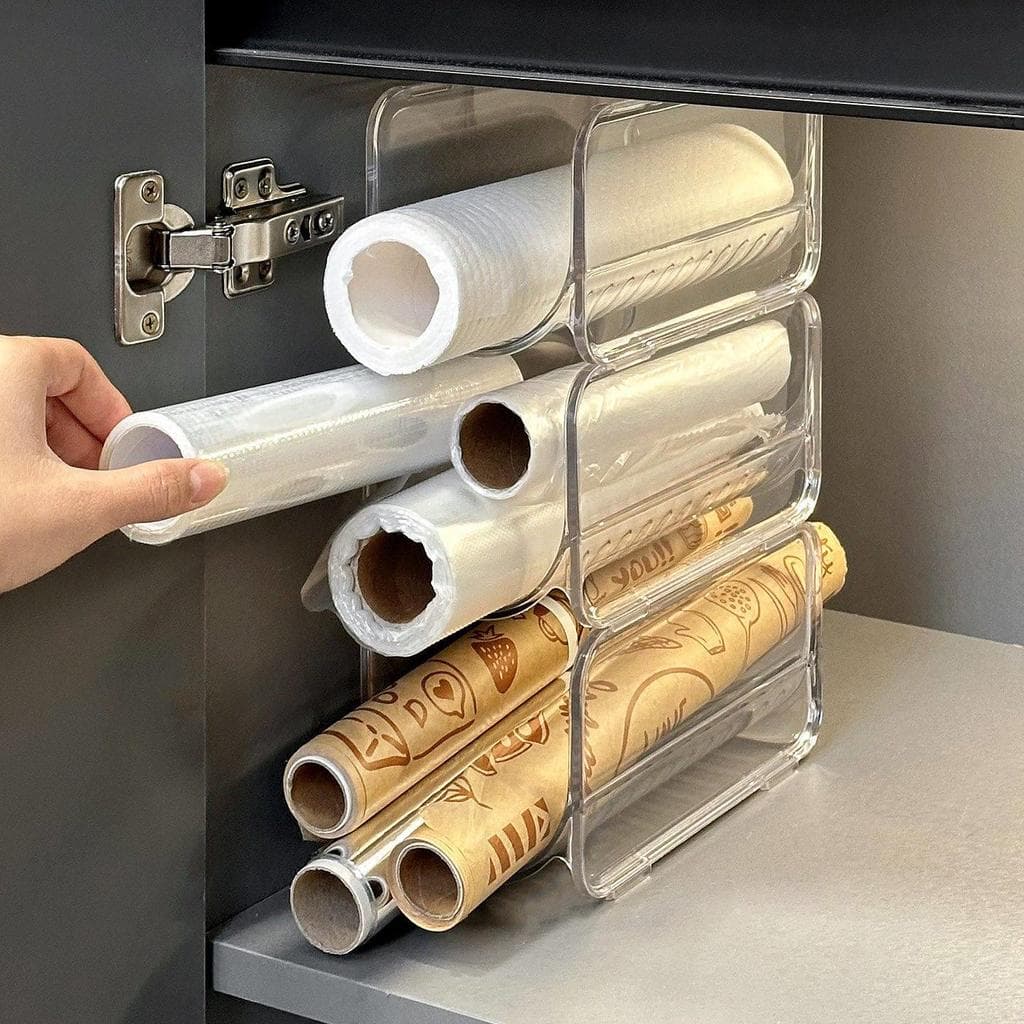 Rack de armazenamento de envoltório de plástico armário de cozinha armário profundo empilhável em camadas ferramenta úti