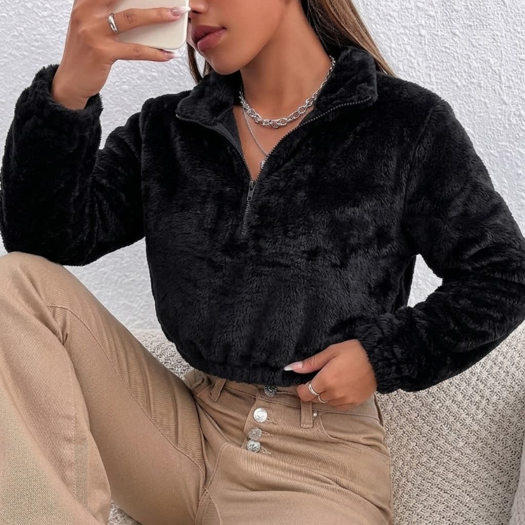 Jaqueta Plush Teddy Blusa Feminina Cropped de Pelúcia Fleece com Ziper Quentinha Inverno Casaco Veludo Pelinhos Frio