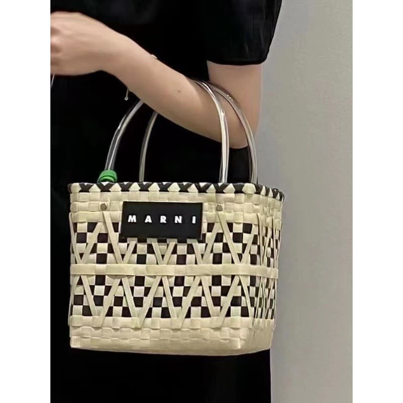 Preto branco xadrez textura mão-transporte trançado saco novo estilo Panda cor portátil cesta de vegetais saco nicho por