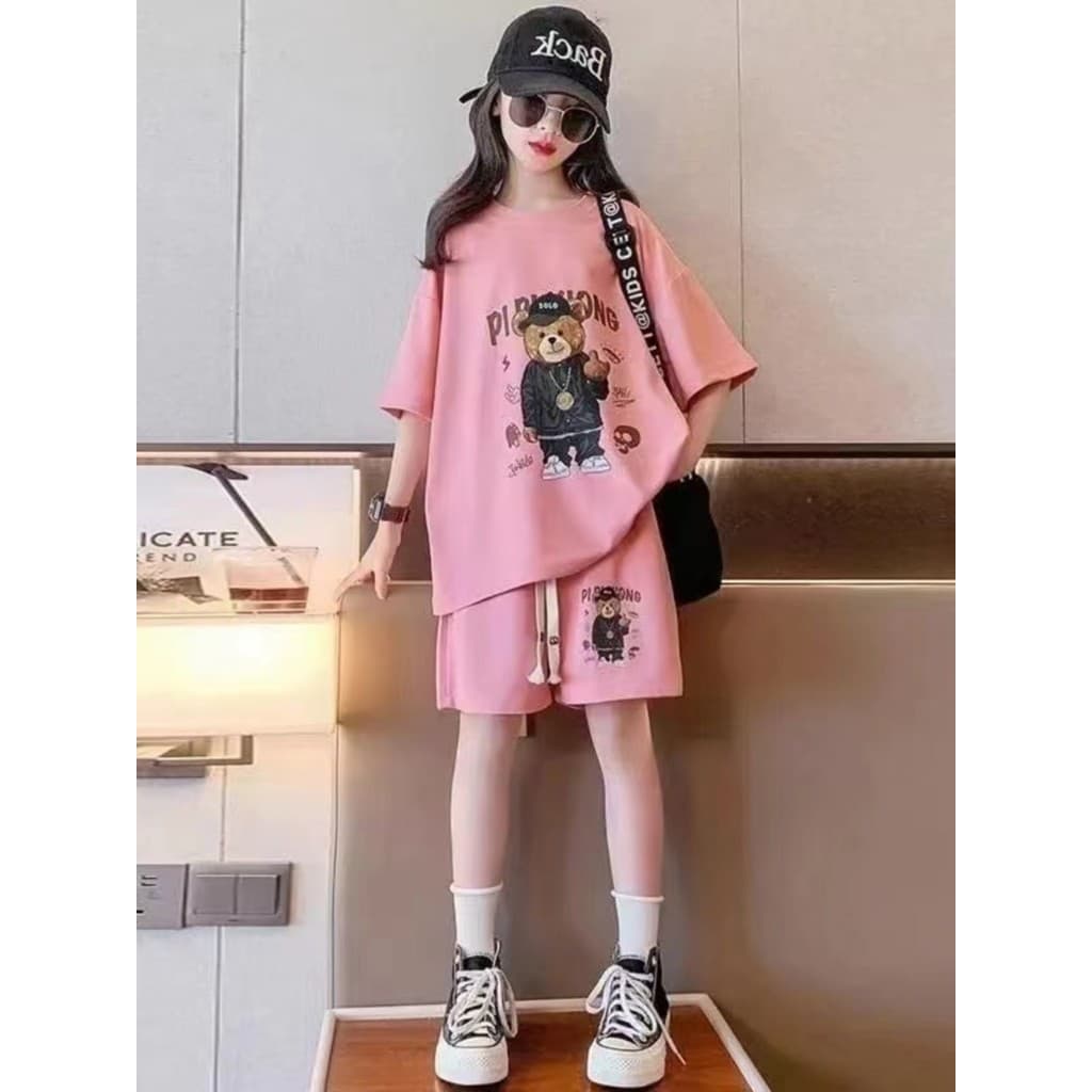 2024 novo estilo moda meninas médio grande crianças Casual verão Shorts de manga curta crianças terno de duas peças meni