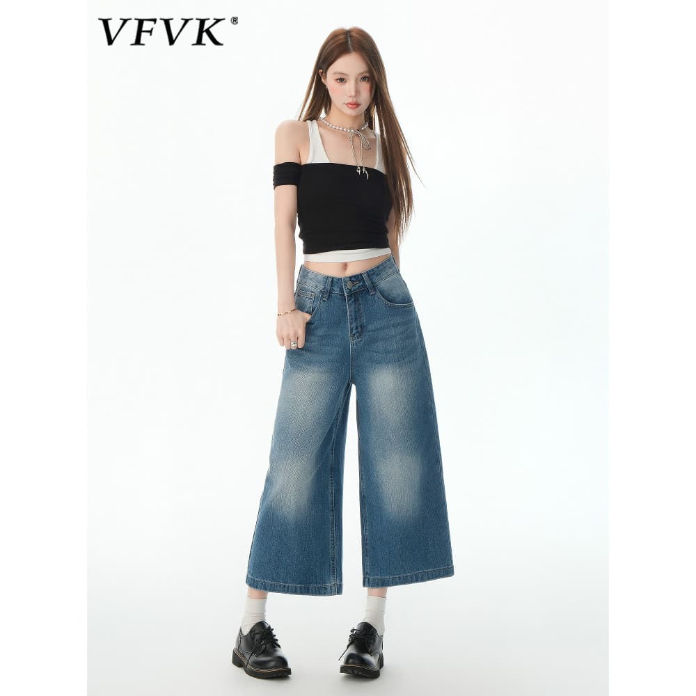 Vfvk lavado cortado Jeans feminino 2026 novo estilo verão pequeno cintura alta solta 7 pontos calças de perna larga calç