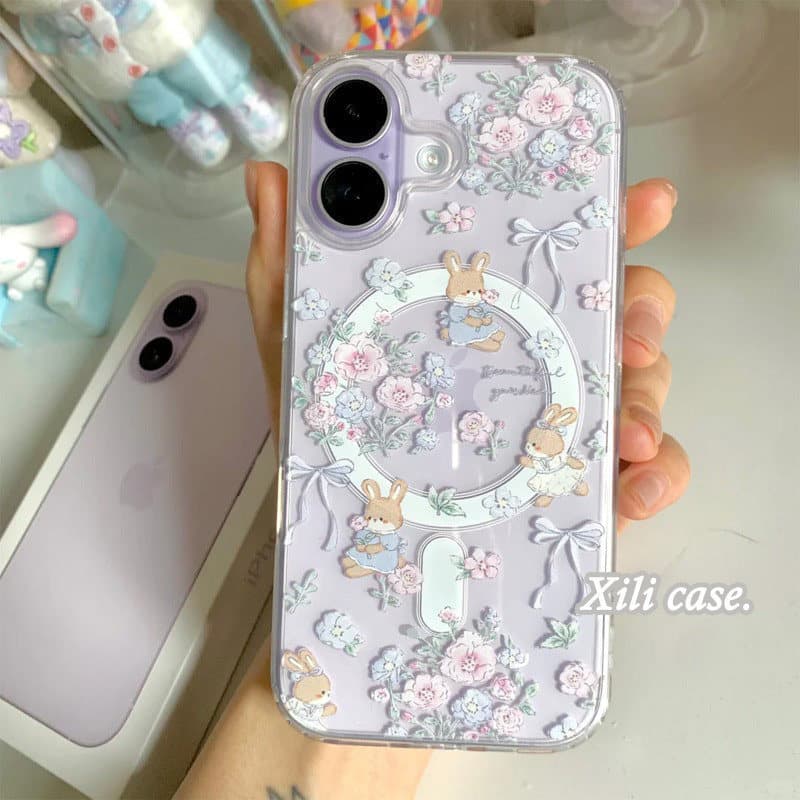 Huiwanju Arco floral Coelho Para iPhone17promax Capa De Telefone Móvel iP16Pro/15Pro/16/13/14/17 Atração Magnética