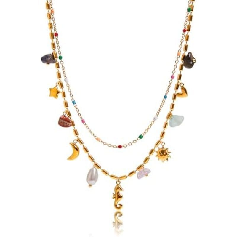 Estilo De Férias 18K Banhado A Ouro Aço Inoxidável Pérola Coração Cavalo Marinho Estrela Lua Sol Pedras Naturais Pingent