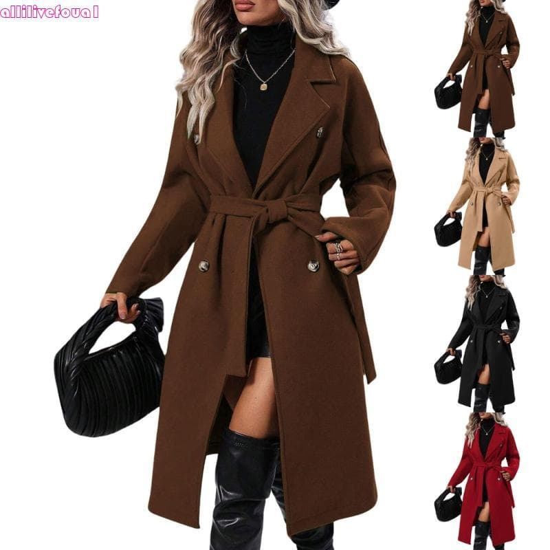 allilivefoua1 Casaco Feminino Longo Lã Lapela E design Trespassado, Agasalhos Quentes Cinto